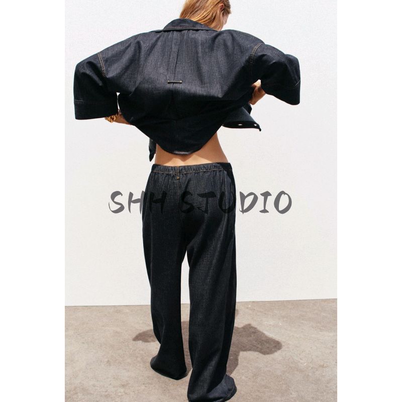 Wide Sleeve Fashion Polo Collar Denim Shirt 7484152 High Waist Wide Leg Jogging Casual Denim 7484151