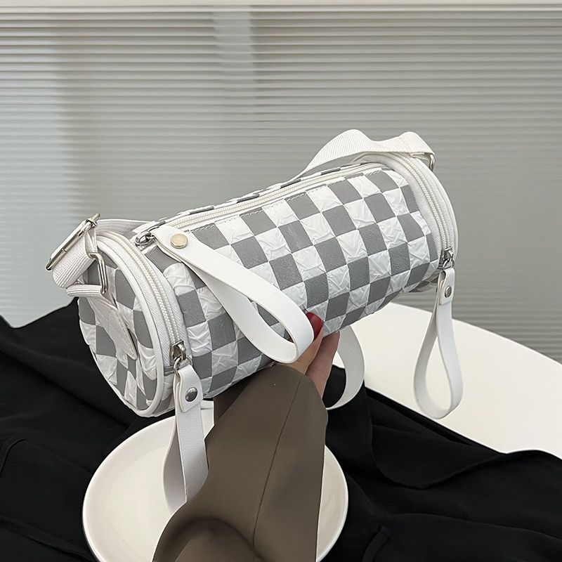 Women's Crossbody Bag Plaid Cylinder Bag Trendy Fashion Casual Simple Wide Shoulder Strap Retro One Small Shoulder Messenger Bag MIT