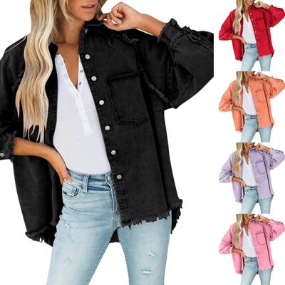 Женская повседневная потертая джинсовая куртка с кисточками и отверстиями, свободная однотонная джинсовая куртка