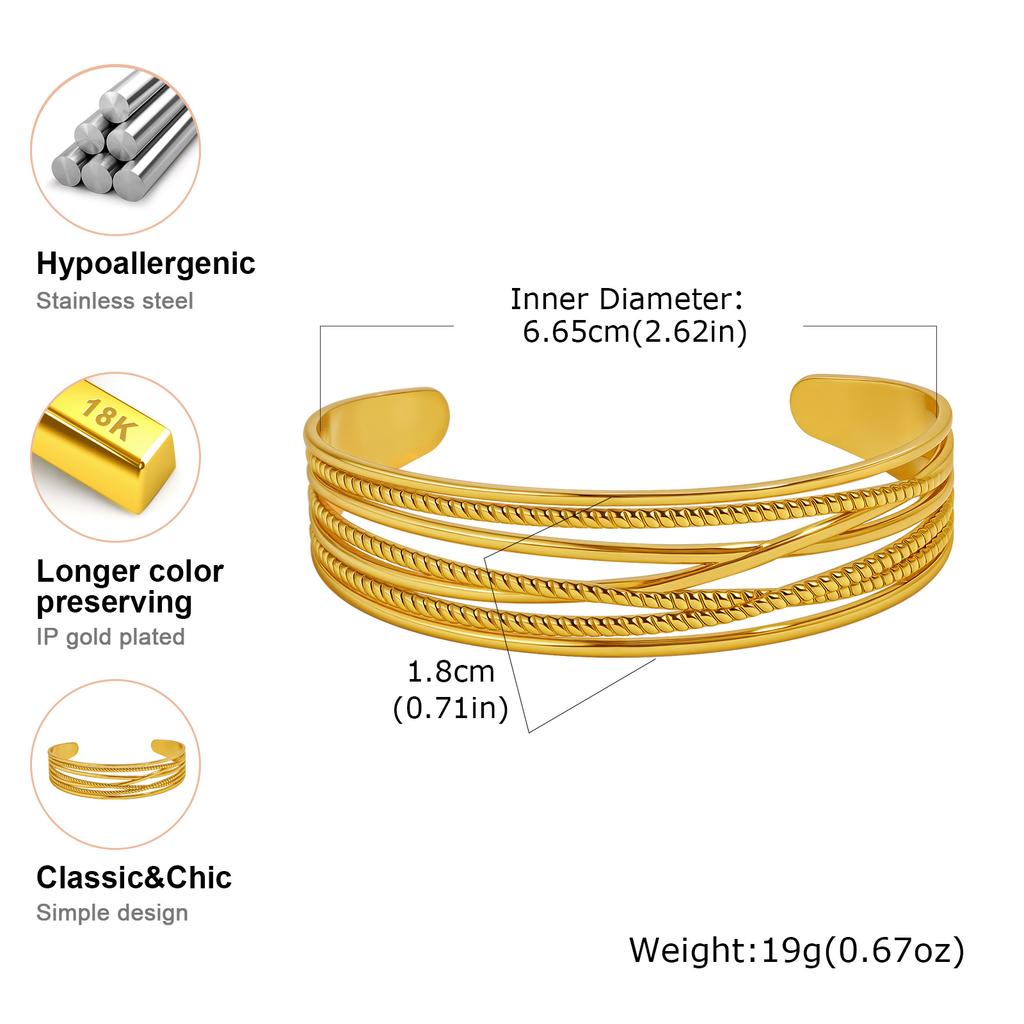 Multi-layer Lines Stainless Steel Wide Cuff Bangle for Women, Non Fading Gold Plated Open Bracelets, Waterproof Jewelry