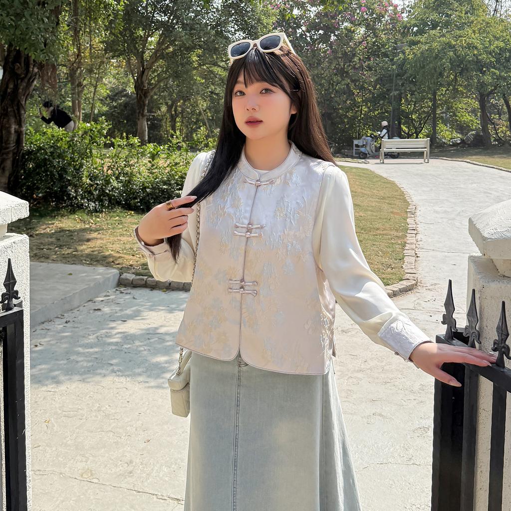 Large size women's new Chinese style jacquard vest set 2026 spring thin shirt two-piece set 313073