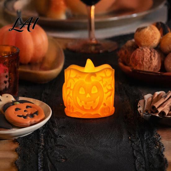 Vintage Style Pumpkin Lantern Halloween LED Candle Flameless Electronic Tealight Embossed Resin Lantern Warm Yellow Lamp Spooky Table Decor
