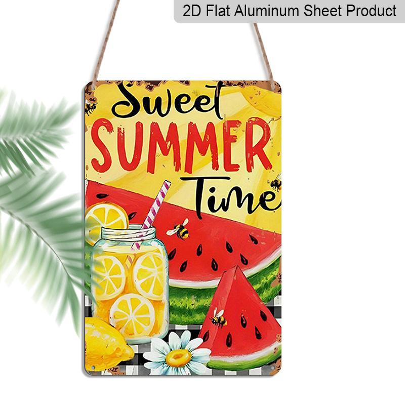 2D Flat, Vintage Summer Metal Wall Plaque - Lemonade & Watermelon Slices with Sweet Summer Time Text - 8x12 Inch Retro Aluminium Sign for Home, Cafe
