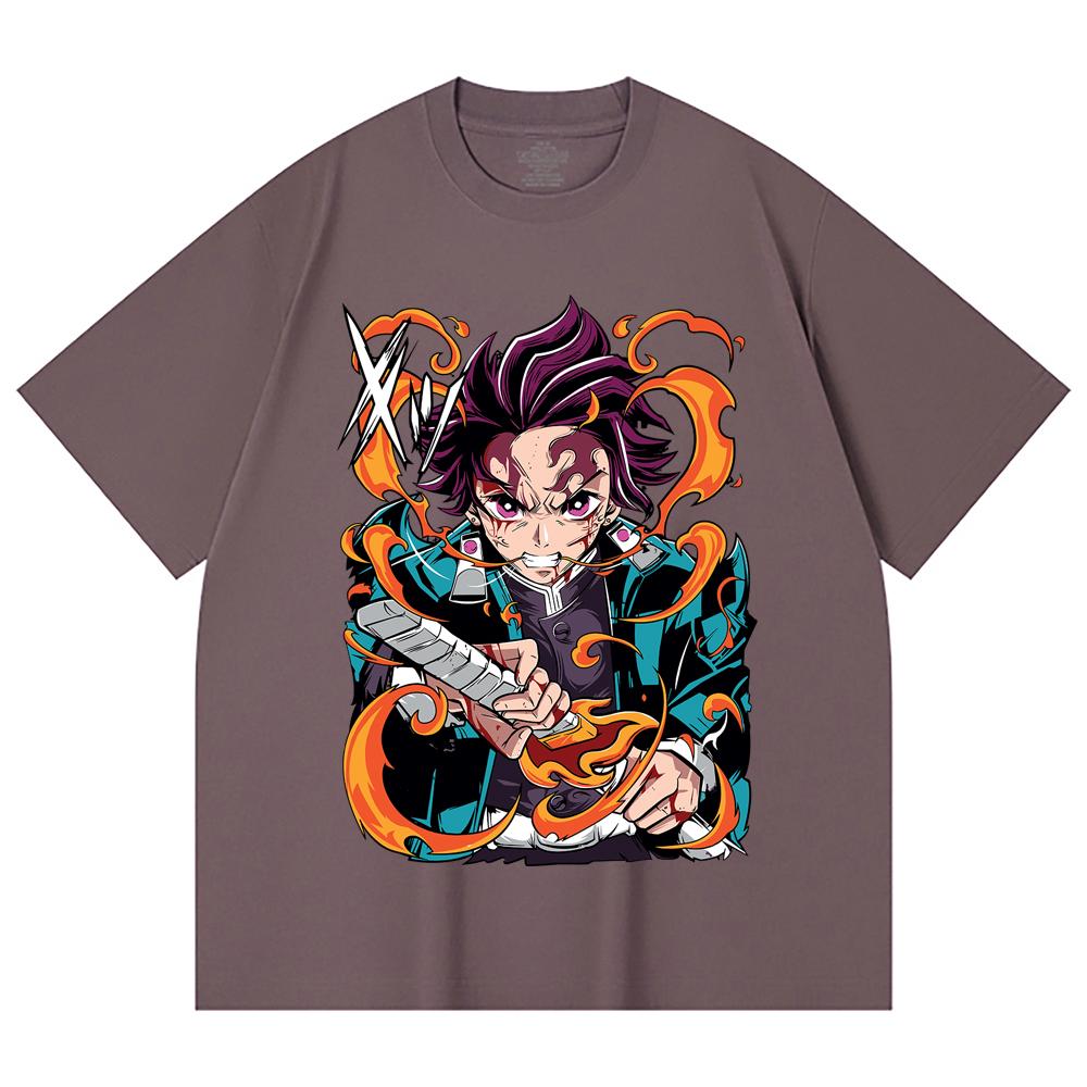 230 Gsm 100% Cotton Demon Slayer V64 Tanjiro Fire Breathing Print Unisex Heavy Cotton T Shirt