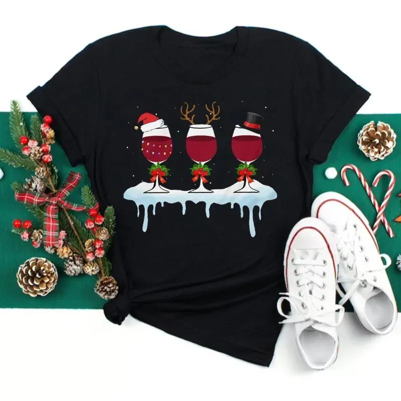 Cute Christmas Graphic T Shirt With Funny Wine Glass Snowman Santa Hat Elements Designs Stylish Casual Short Sleeve Tee