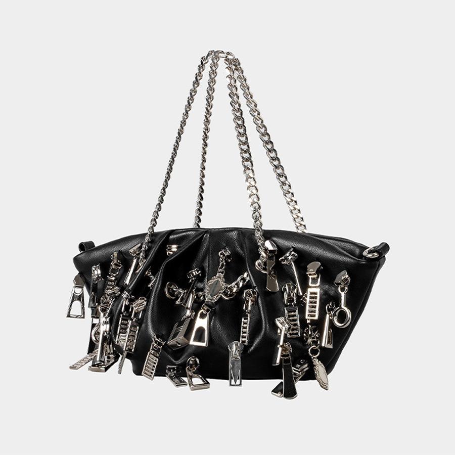 Punk Pleated Dumplings Underarm Bag Multi-zipper Head Decorative Ladies Shoulder Bag Babes Tote