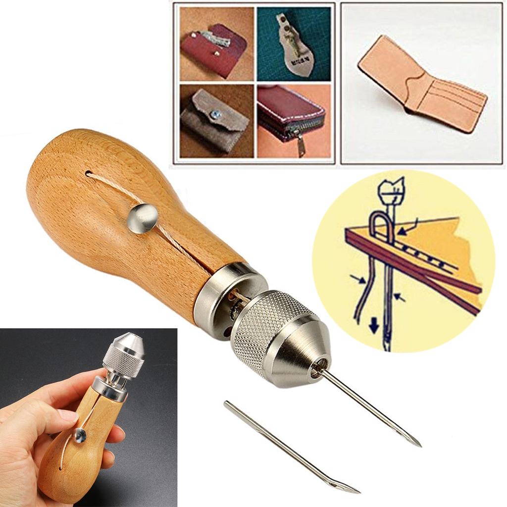 1pc New Leather Craft Tool Stitching Sewing Awl With Waxed Thread And Needles
