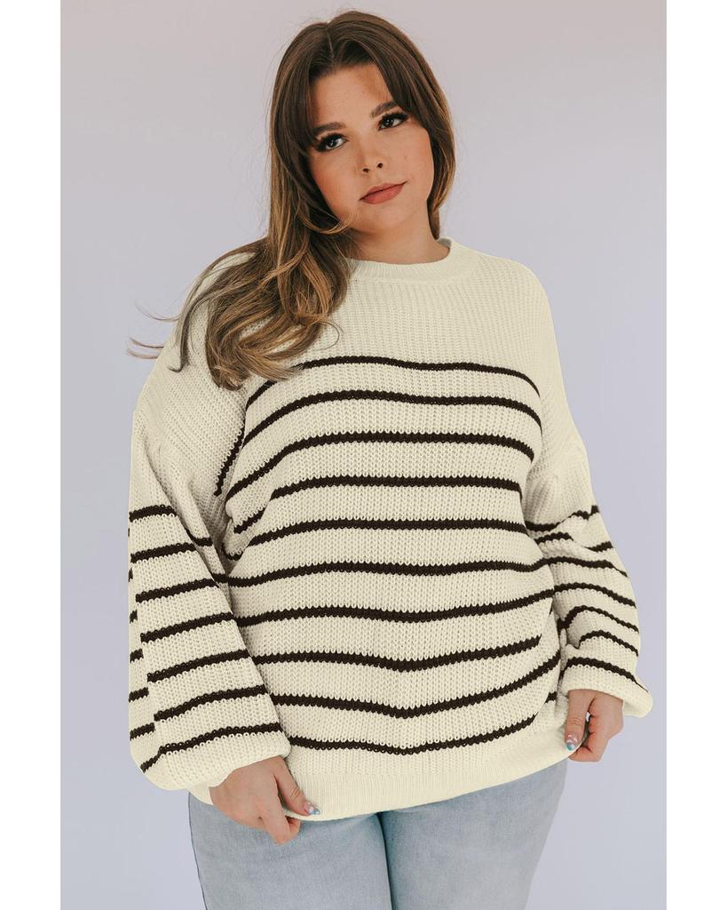 Azura Exchange Khaki Plus Size Striped Drop Shoulder Puff Sleeve Sweater