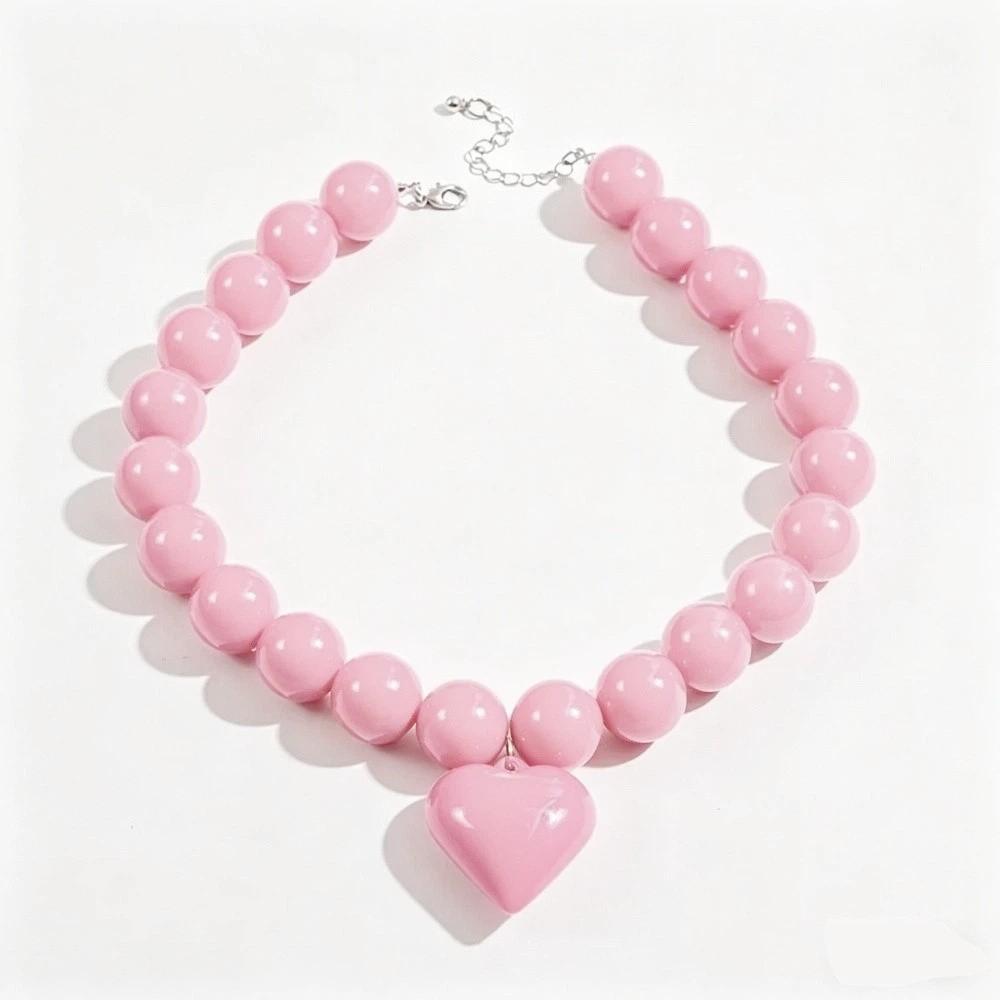 Acrylic Beaded Necklace Round Clavicle Chain Chunky Style Heart Pendant Choker For Women