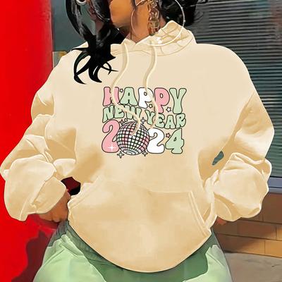 Осенне-зимний свитер с капюшоном из флиса с принтом на плечах и рукавах «С Новым годом» для женщин
