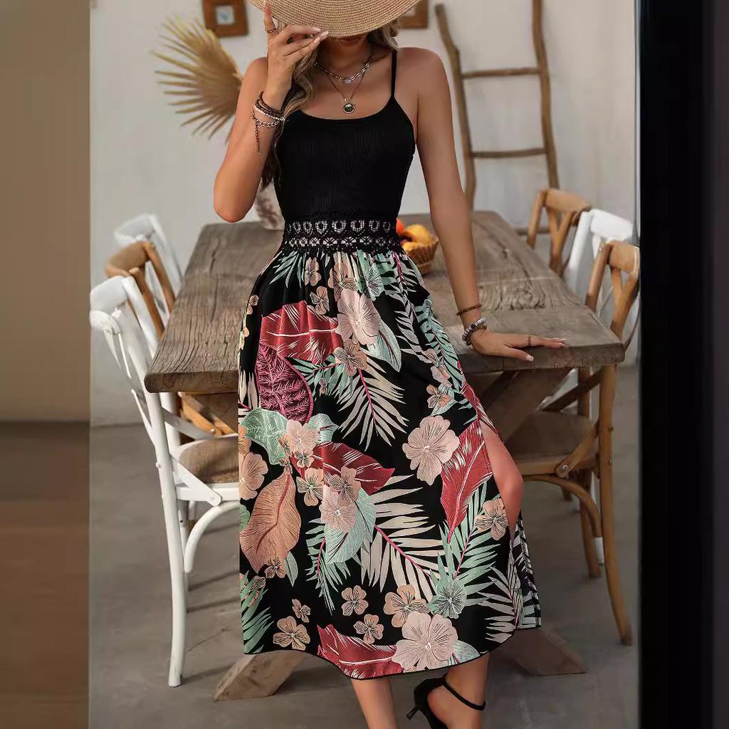 Women Summer Casual Strap Backless Floral Printed Holiday Beach One Piece Dress