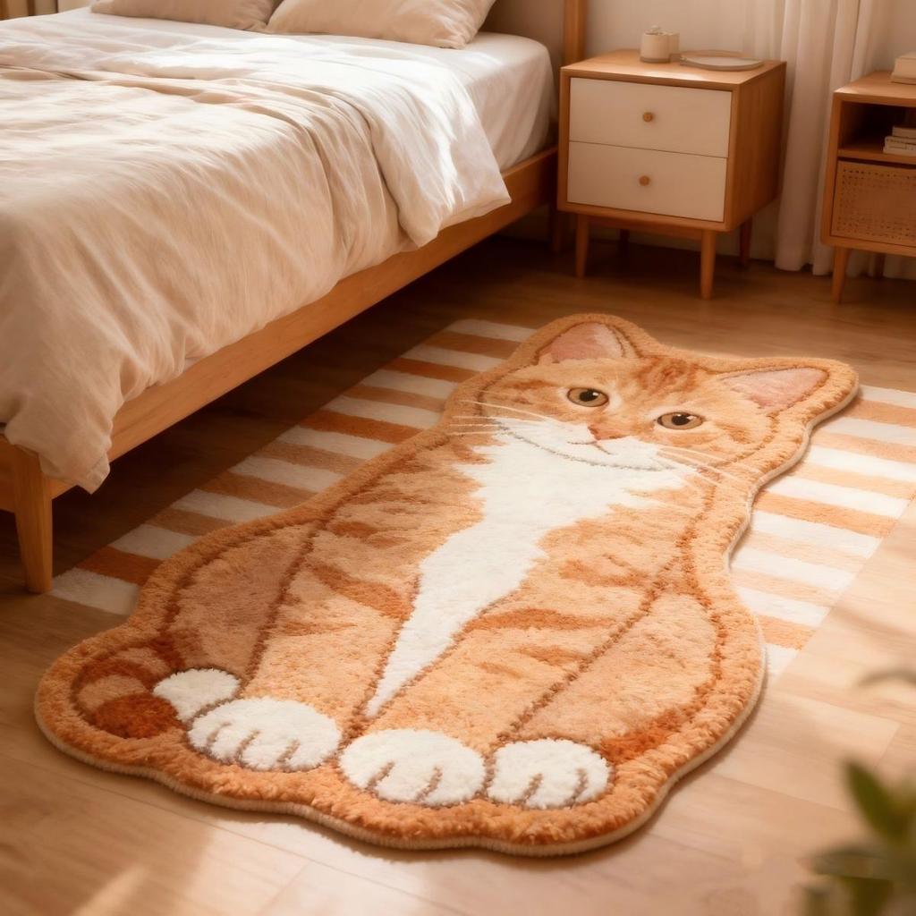 Fluffy Black White Cat Shaped Rug Non Slip Washable Plush Floor Mat Cute Bedroom Carpet Animal Lover Home Decor