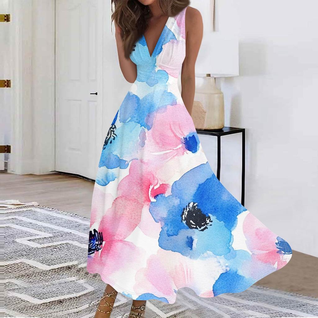 Женские модные повседневные свободные платья с V-образным вырезом без рукавов с принтом