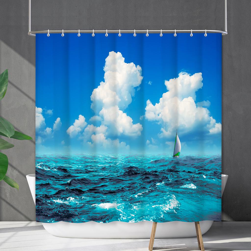 Shower Curtain Waterproof And Mildew-Proof Coconut Tree Beach Beach Bathroom Shower Curtain Shower Curtain Partition Curtain Free Punching