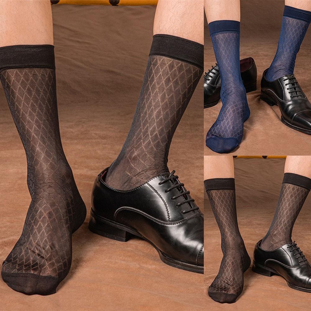 Mens Sexy Stockings Plaid See-Through Socks Breathable