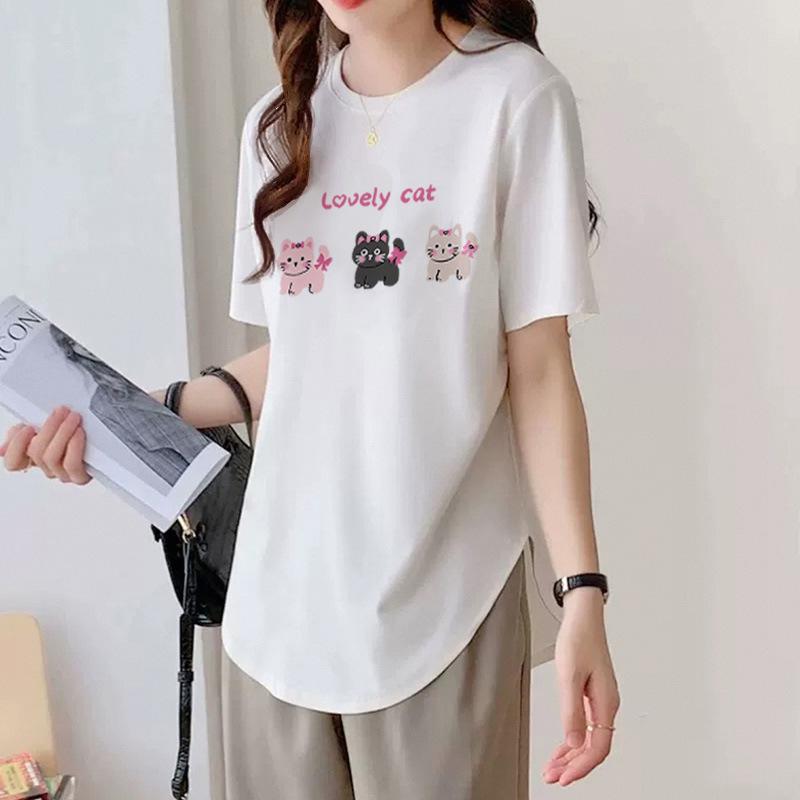 Round Neck Black Short-sleeved T-shirt for Women In Summer Mid-length Style Covering The Butt Curved Hem Loose Slimming Top