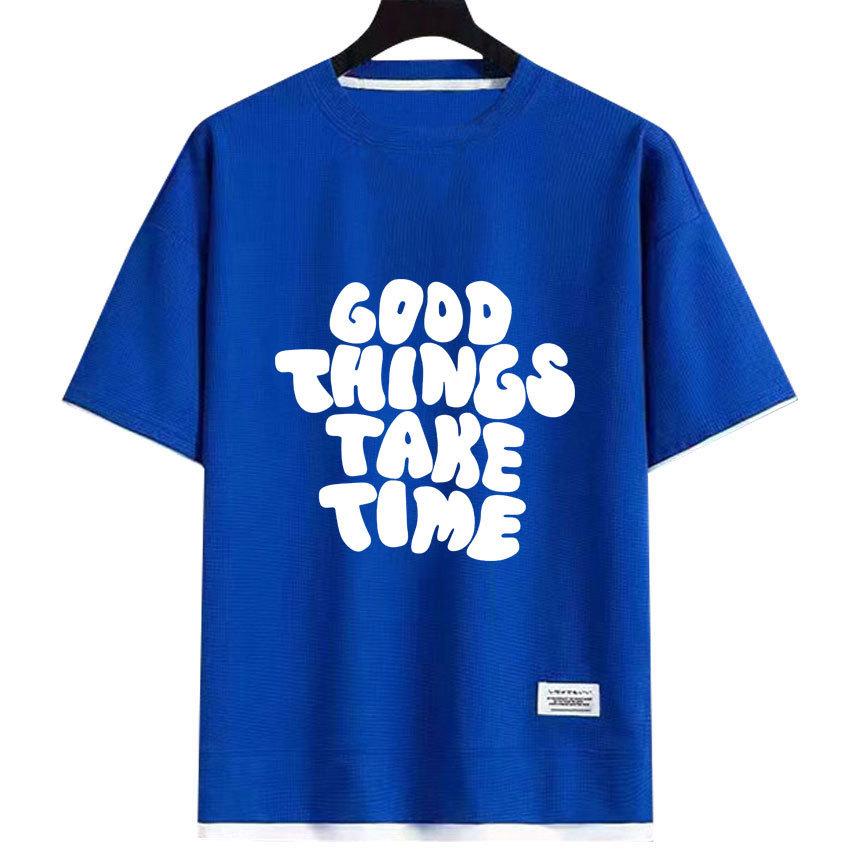 Mens T-shirt Summer Short Sleeves Waffle Tops Tee Shirt Polyester Round Neck Letter Printed Casual Tshirt Unisex Streetwear