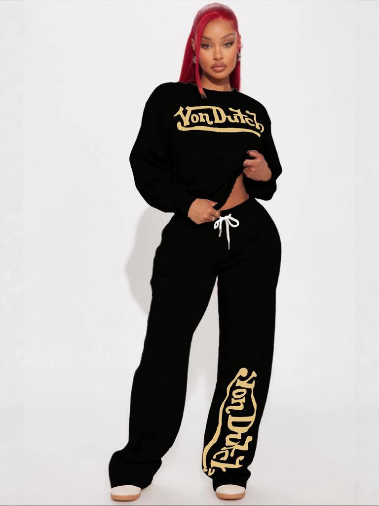 Женский комплект с принтом Von Dutch: Свободная, Повседневная и Модная Уличная Одежда для Комфортной Ежедневной Носки.