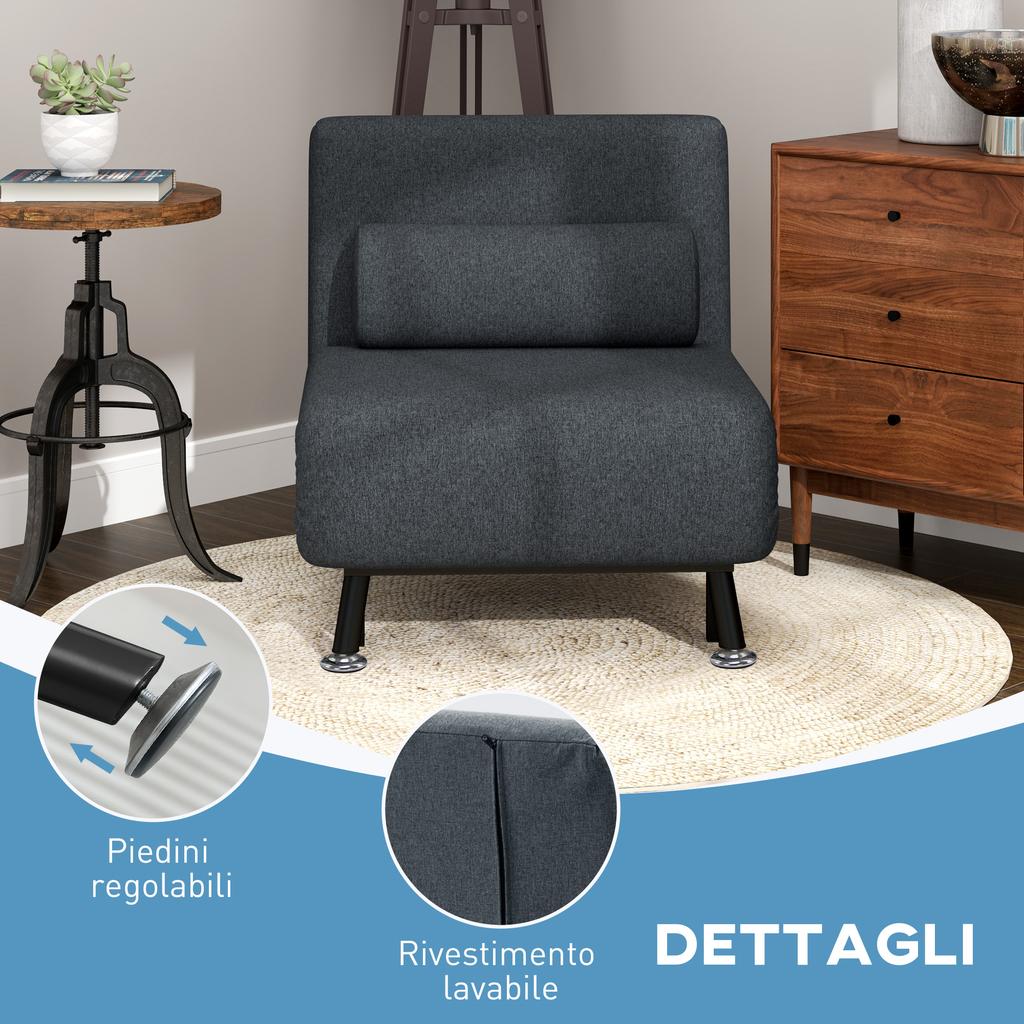 3-in-1 Sofa Bed Armchair with Adjustable Backrest and Cushion, in Linen-Effect Fabric and Steel, Dark Grey