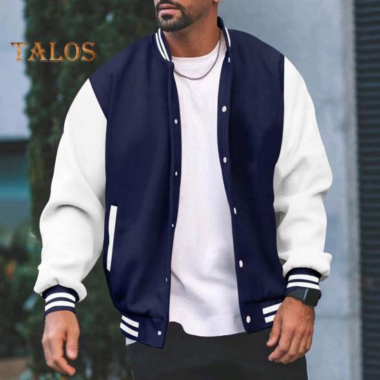 Men Baseball Jacket Stand Collar Long Sleeve Striped Patchwork Color Buttons Closure Jacket Coat with Two Side Pockets