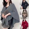 Women Cloak Shawl V-neck Solid Color Plush Ball Decor Cross Design Warm Versatile Knitting Shawl Daily Commuting Wear