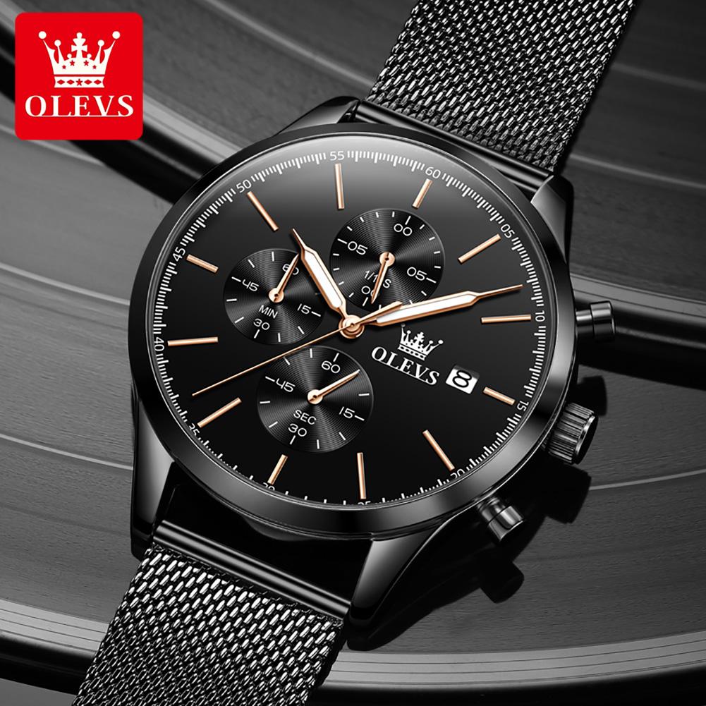 OLEVS Brand Mesh Quartz Multi functional Three eye Six pin Men's Watch 2881
