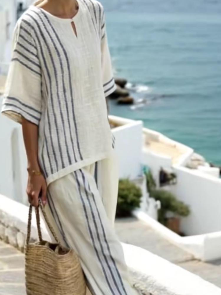 Женский комплект из топа с короткими рукавами и брюк широкого кроя в черную полоску из смесового льна для летнего отпуска