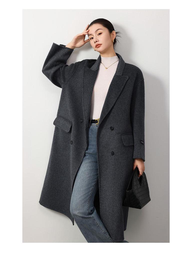Women's Woolen Overcoat - Extra Long, Loose Fit, Double-Sided 100% Wool, Suit Collar for Autumn and Winter