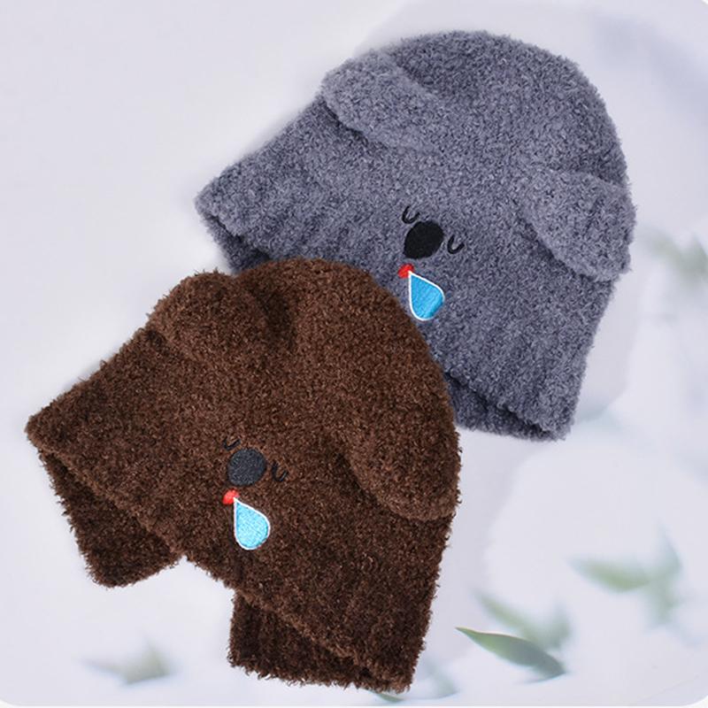 Autumn Winter Hat Women Bear Ear Protection Cap Plush Warm Knitted Wool Hat