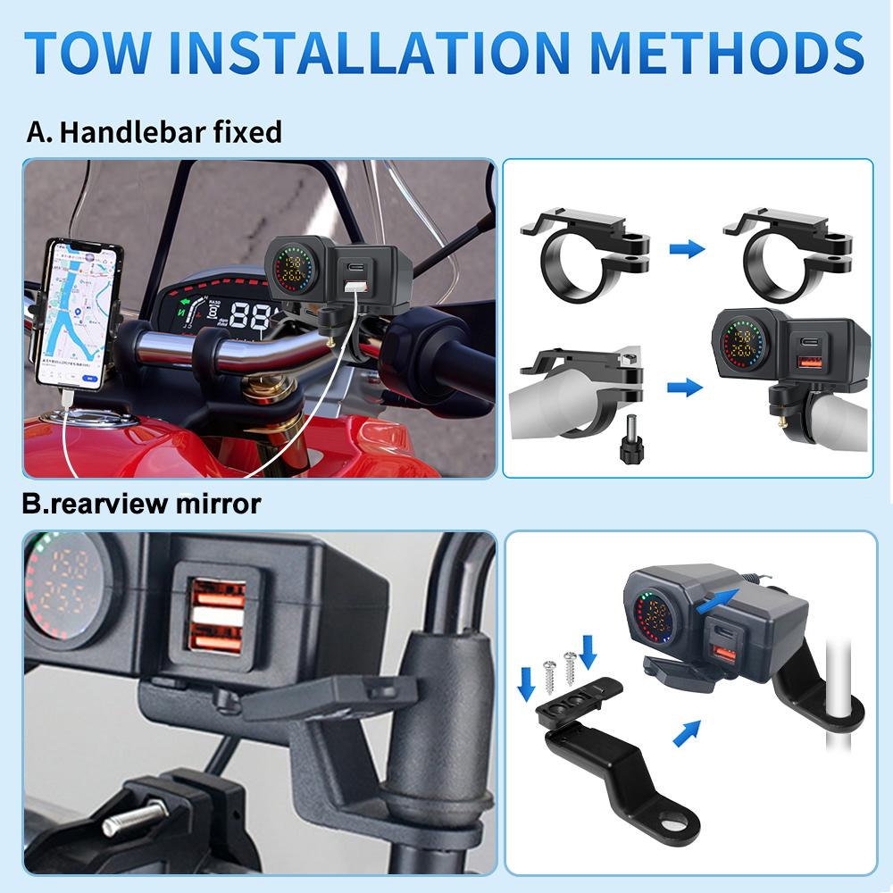 60 Вт QC3.0+PD Двойной USB-разъем для руля мотоцикла и заднего зеркала Быстрое зарядное устройство Адаптер питания для телефона Цифровой вольтметр Термометр