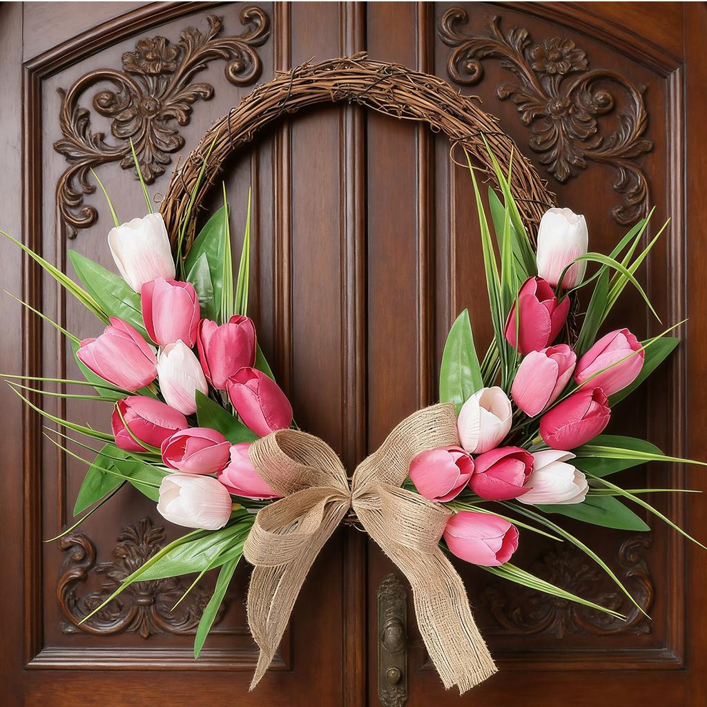 Flower Wreath Front Door Easter Wreath Fadeproof Artificial Spring Wreath for Indoor Outdoor Home Decor