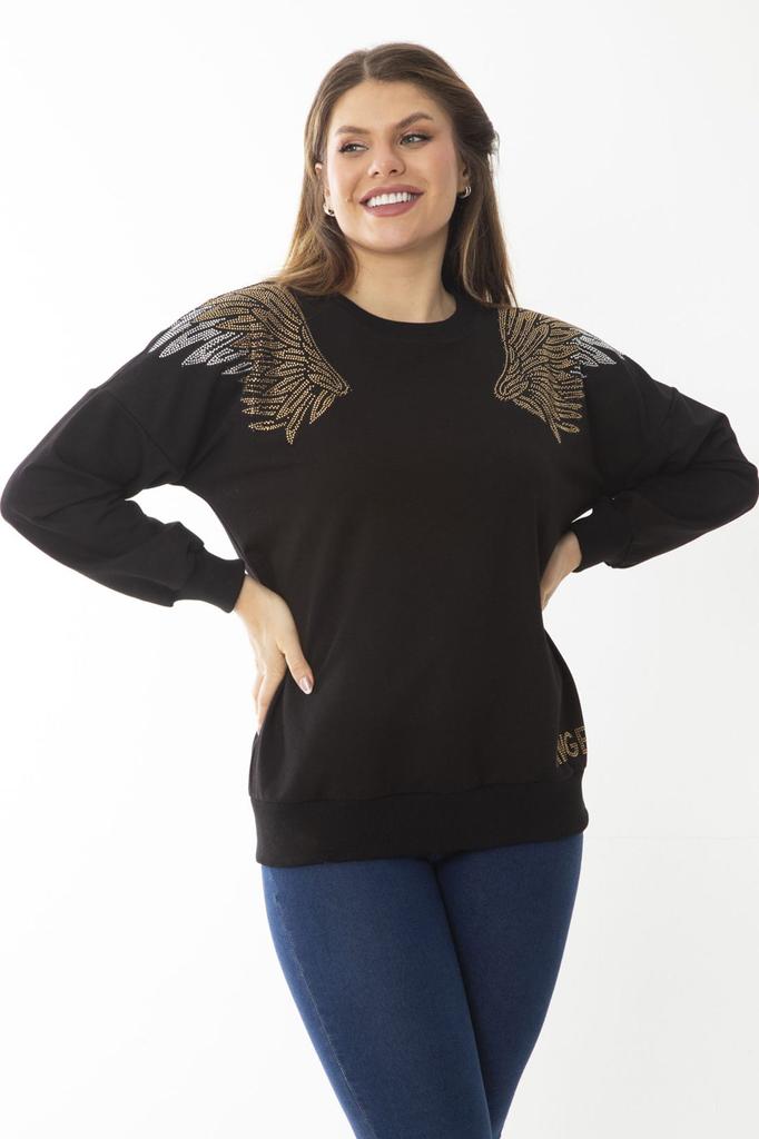 Женский стильный свитшот большого размера, большой размер, черный свитшот с камнями