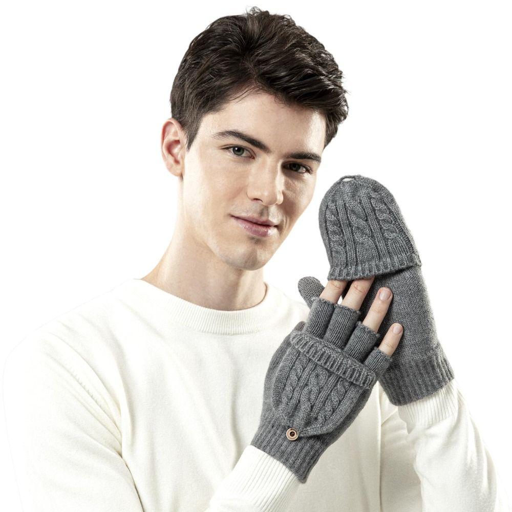 Thickening Fingerless Flip Gloves Wool Knitted Finger Free Gloves  For Men Women Unisex