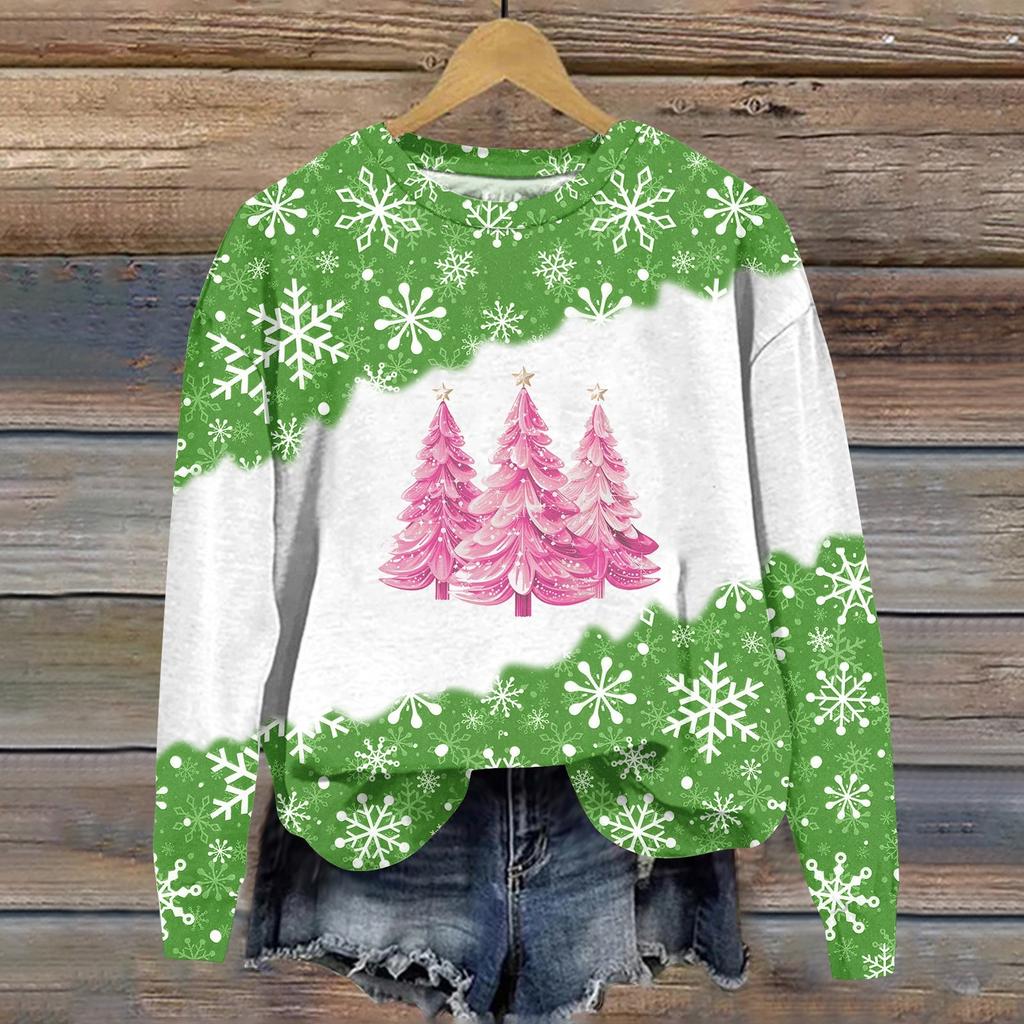 Женская мода рождественский принт длинный рукав свободный круглый вырез толстовка топ осень