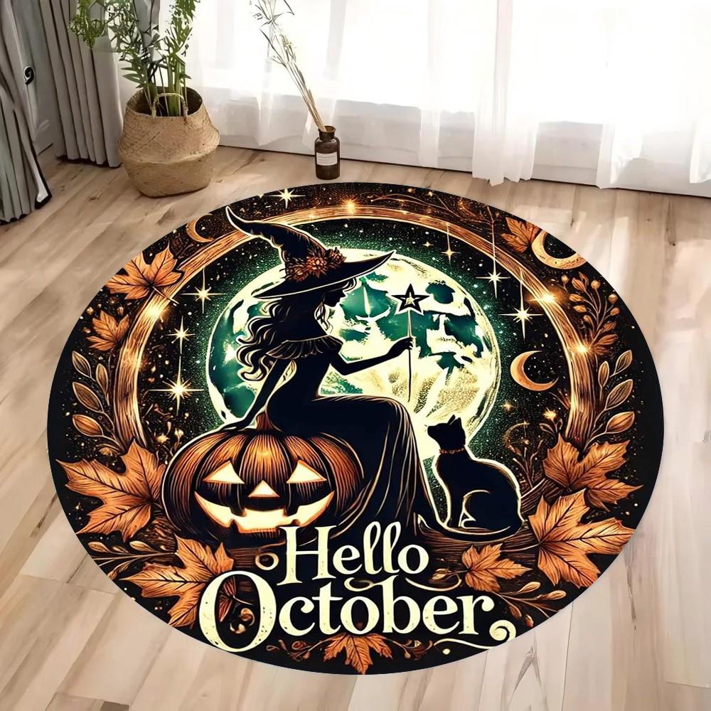 Halloween Pumpkin Magic Hat and Bat Circular Printed Carpet Halloween Themed Floor Mat Home Decoration Yoga Studio Gift