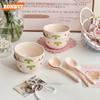 2/4 Набора Милая Розовая Керамическая Миска с Клубникой Kawaii Керамическая Термостойкая Миска для Супа Домашняя Кухня Миска для Лапши Рамен Столовая Посуда