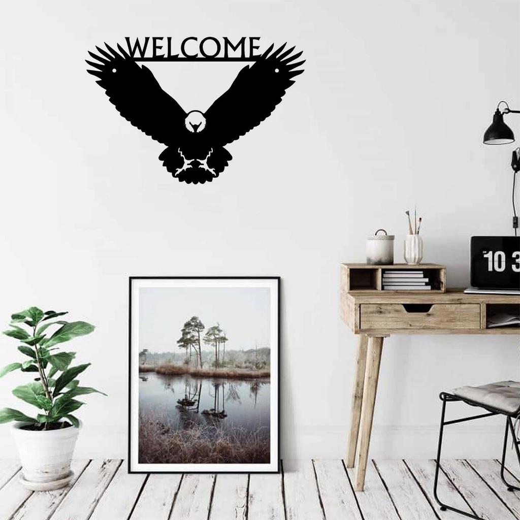 Eagle Welcome Sign 12"x 8" Metal Wall Art for Rustic Home Décor Patriotic Entrance and Outdoor Spaces with Majestic Eagle Design