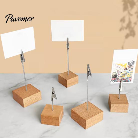 Compact Note Holder Wooden Cube Memo Clip Stand, Display Solid Wood Square Base Receipt Card Holder, Vertical for Wedding Party or Office Table