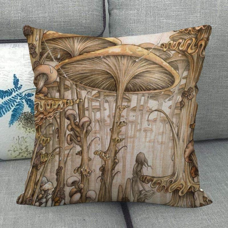 45X45см Наволочка с грибным артом Квадратная на молнии Хлопково-льняные наволочки Спальня Дом Офис Декоративная наволочка WJY12.25