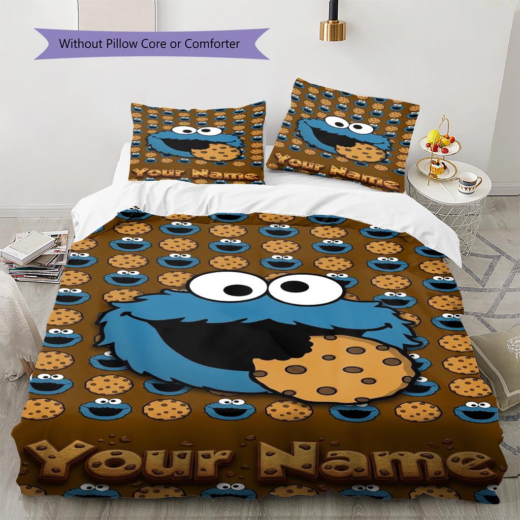 Name Custom Cookie Monster Cartoon Pattern Bedding Set Quilt Cover Pillowcase Home Decor Gift (1 * duvet cover + 2 * pillowcase, without core)