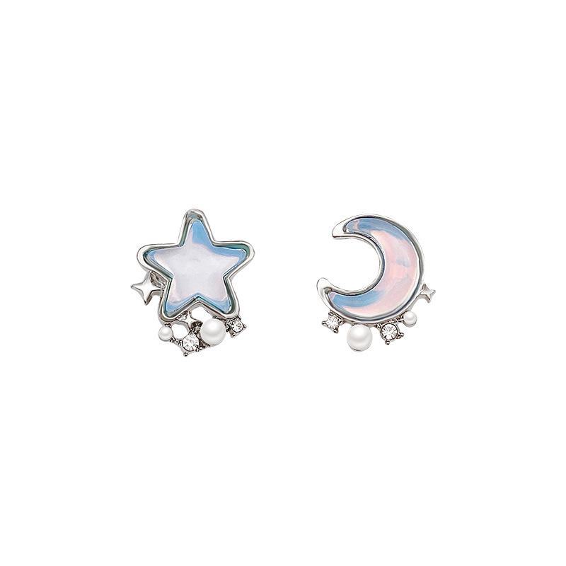 Sweet Blue Star Moon Pearl Earrings - S925 Silver Needle for Women