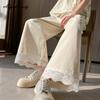 Корейский стиль весна-лето женские широкие брюки с высокой талией белые бежевые черные повседневные брюки кружевные пэчворк милые капри
