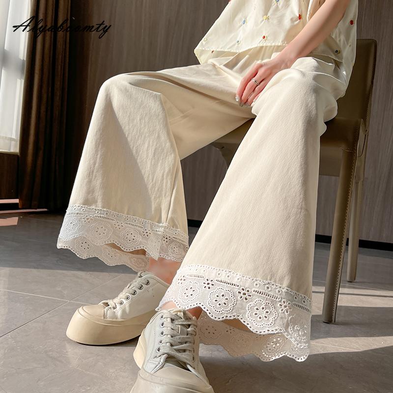 Корейский стиль весна-лето женские широкие брюки с высокой талией белые бежевые черные повседневные брюки кружевные пэчворк милые капри
