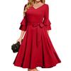 Women's Elegant Bell Sleeve Cocktail Party Dresses For Wedding Guest Fit And Flare Church Midi Evening Dress