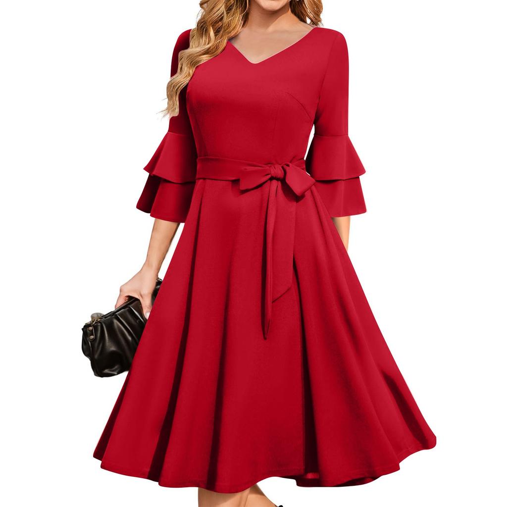 Women's Elegant Bell Sleeve Cocktail Party Dresses For Wedding Guest Fit And Flare Church Midi Evening Dress