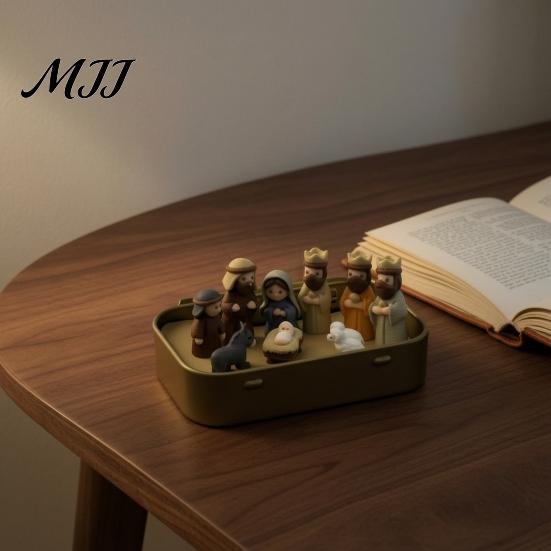 Niche Creative Holiday Present Mini Christmas Nativity Set in A Tin Box, 3D Printed Pocket Size Holy Family Retro Metal Storage Box Figurines,