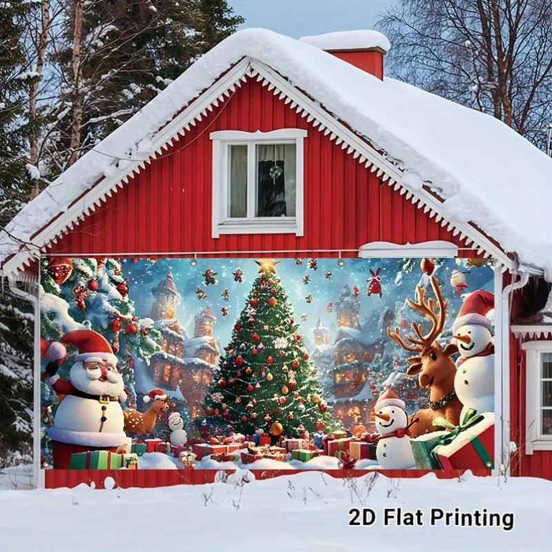 2D flat door banner, oversized Christmas door decoration with winter fairyland scene - giant snowman, Santa Claus, reind