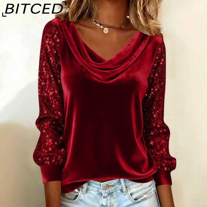BITCED Модная женская бархатная футболка с пайетками, пэчворк, с длинным рукавом