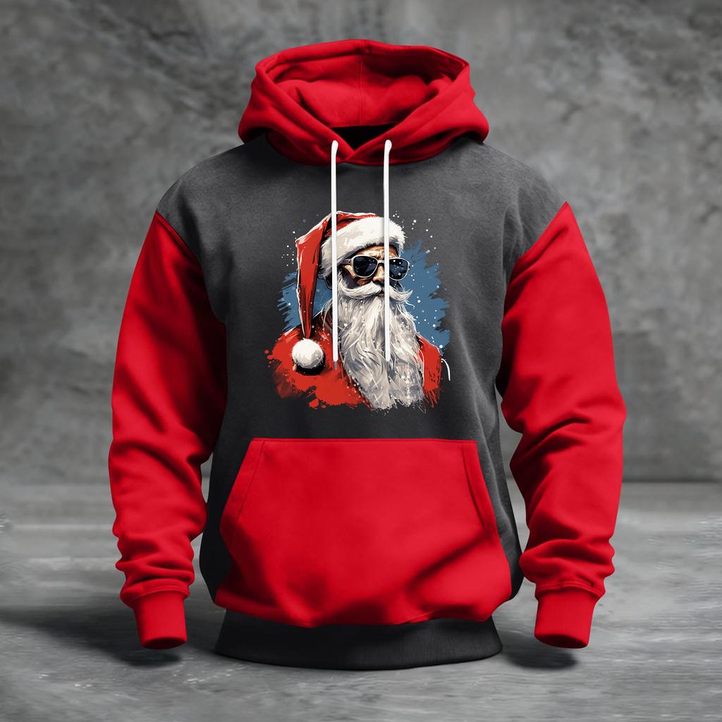 Мужской рождественский свитшот с капюшоном, повседневный, спортивный, удобный, с цветными блоками и принтом