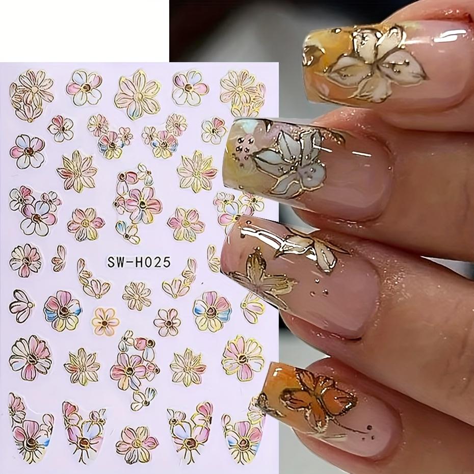 5D Наклейки для ногтей Блестящие Золотые Цветы Маргаритки Геометрические Линии Декор Акриловые Тисненые Слайдеры Золотая Рамка Весенние Наклейки для Ногтей Маникюр с Сакурой